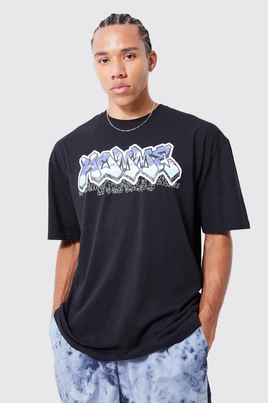Black Tall Homme Oversize t-shirt med graffititryck image number 1