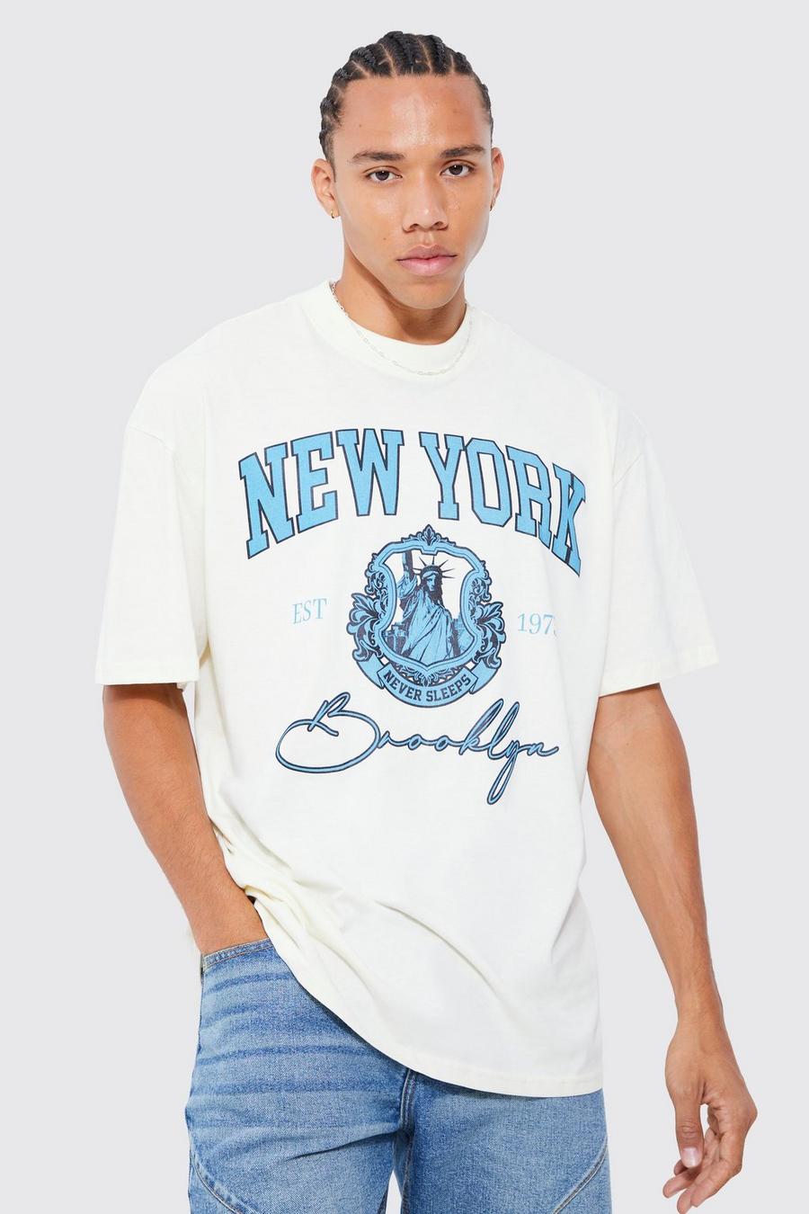 Ecru white Tall Oversized Extended Neck New York T-shirt