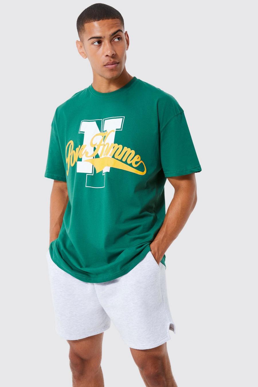 Camiseta oversize con estampado universitario Pour Homme, Green image number 1