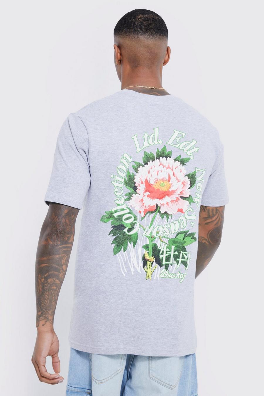 Grey marl Limited Edition Floral Back Graphic T-shirt