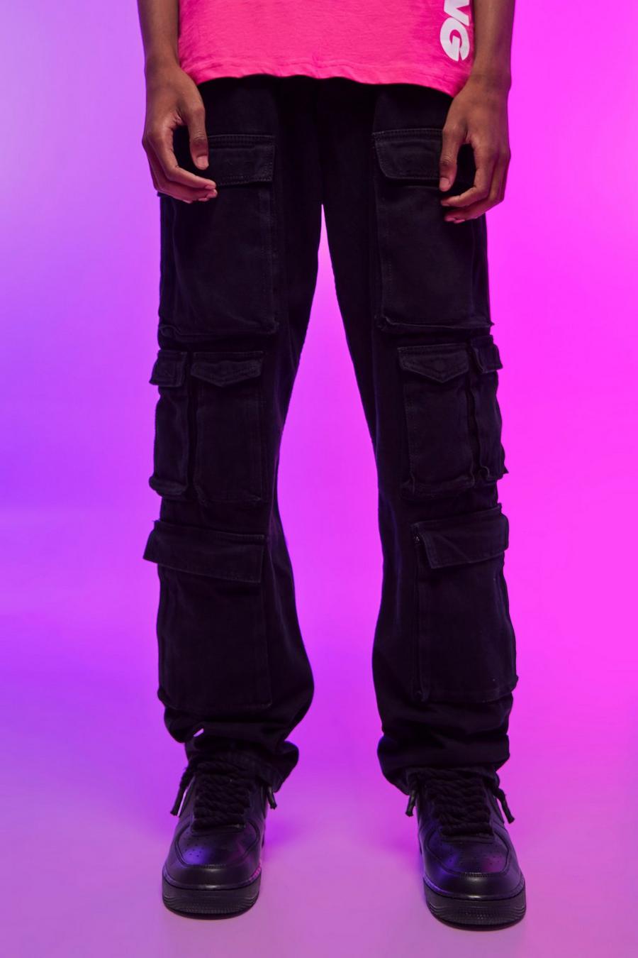 Washed black Relaxed Fit Washed Multi Pocket Cargo Jeans image number 1