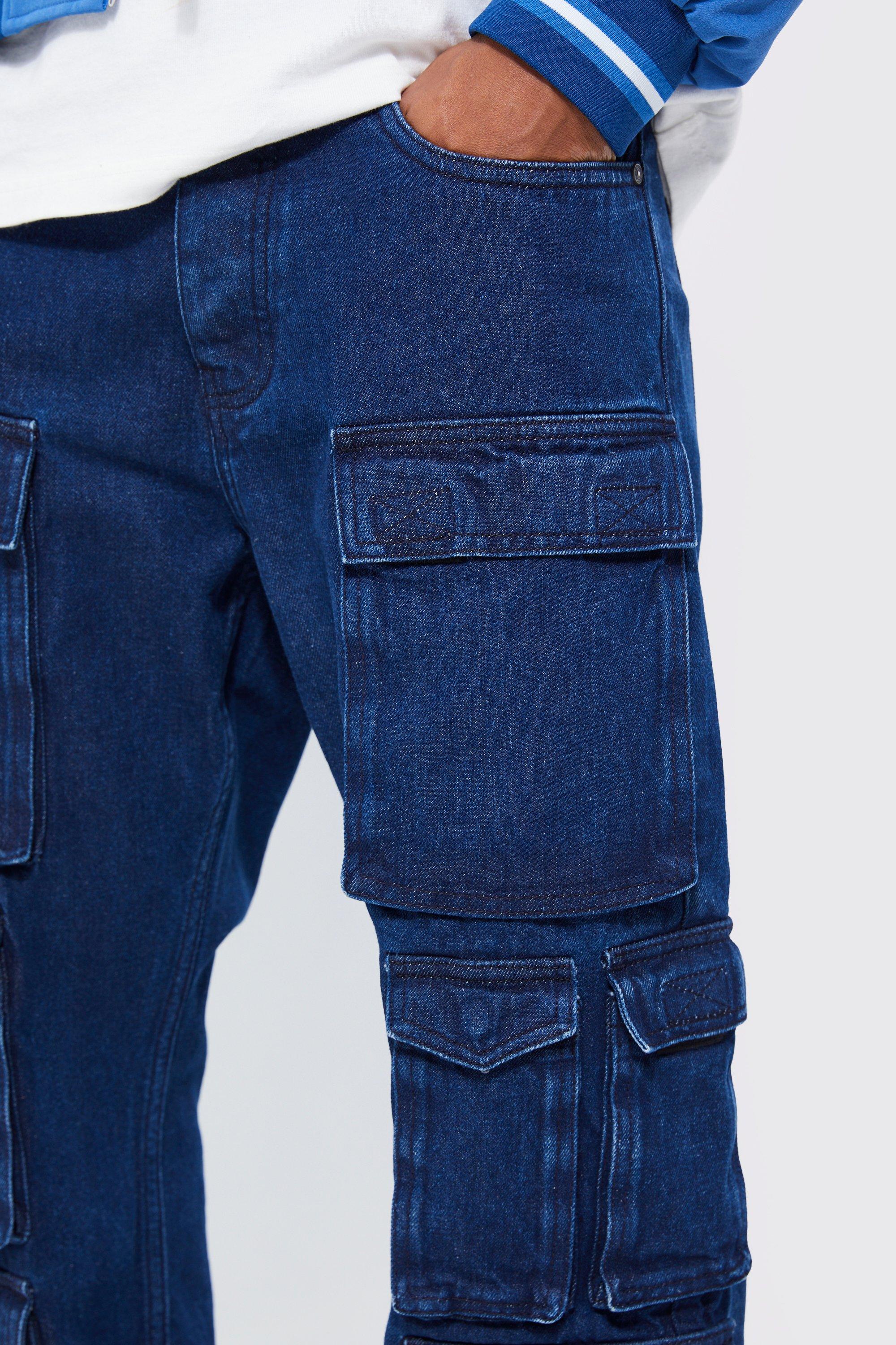 Relaxed Fit Washed Multi Pocket Cargo Jeans