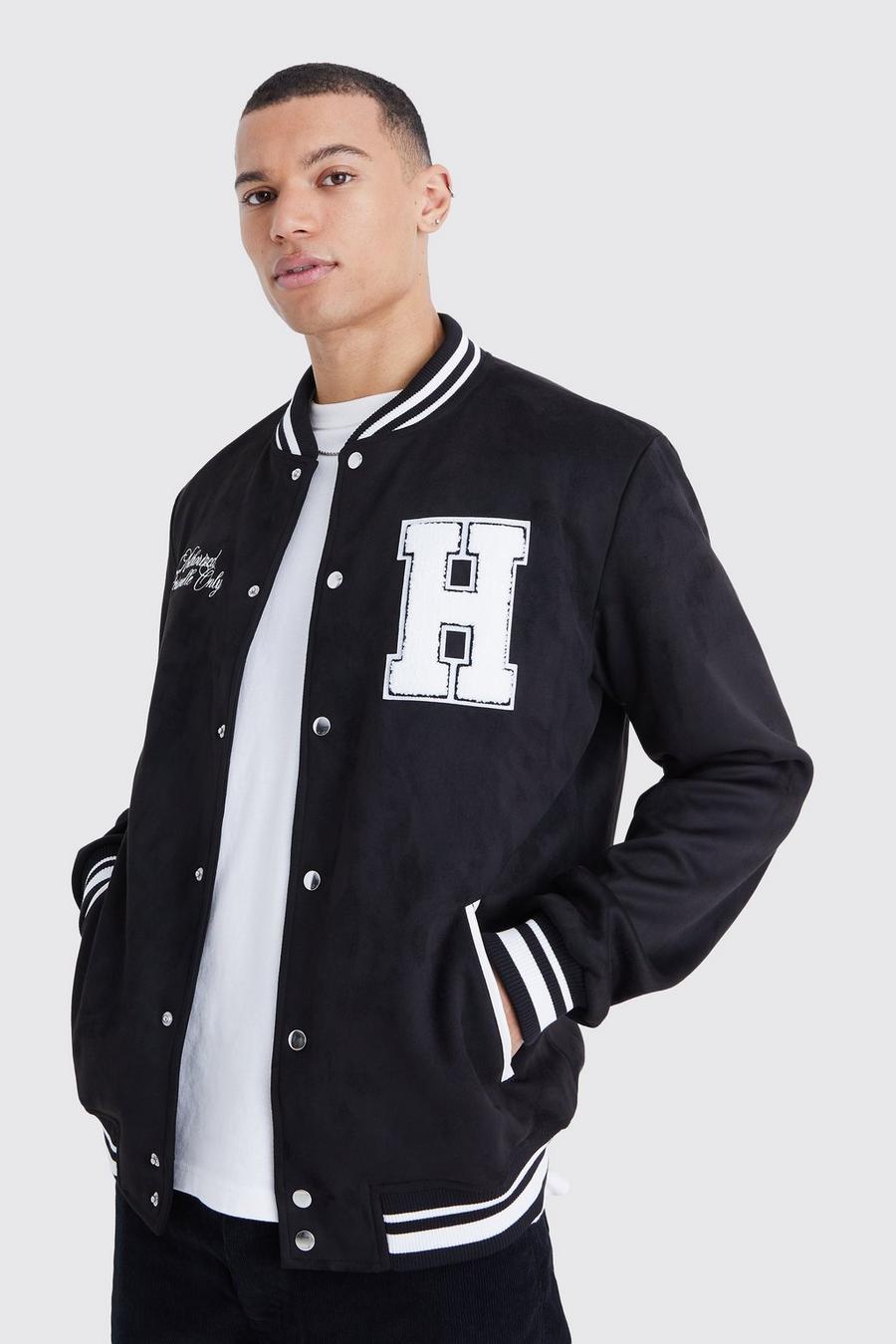 Black Tall Suede Varsity Jacket With Badge