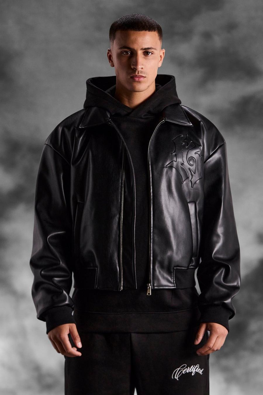 Black noir ArrDee Boxy Embossed Pu Collared Bomber
