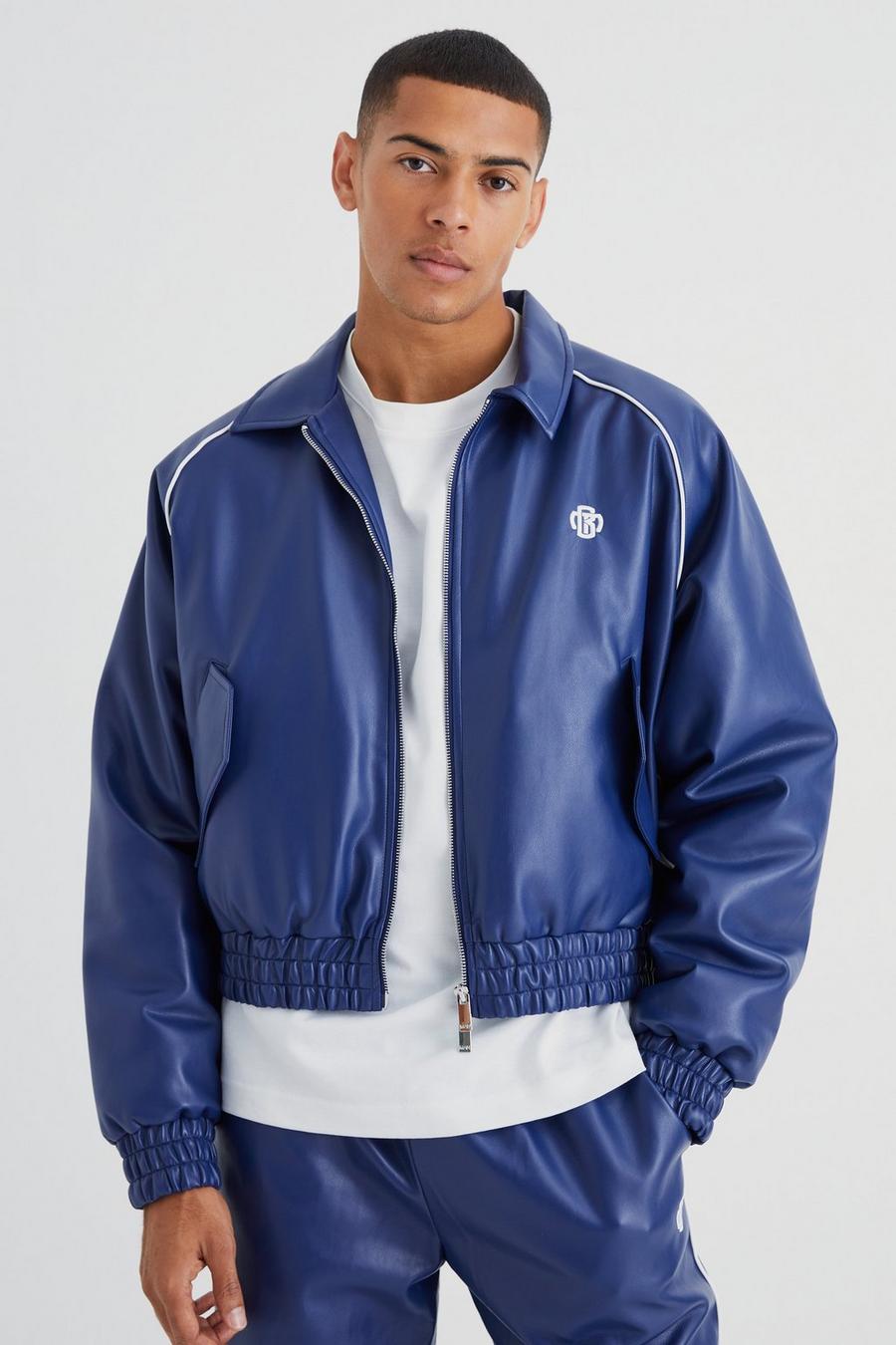 Navy Boxy Pu Collared Bomber With Piping