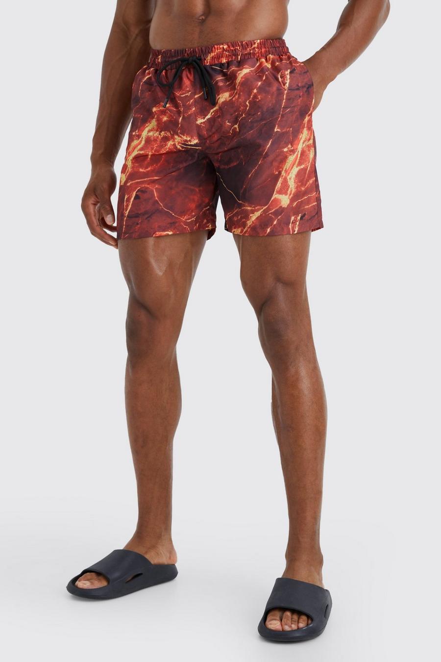 Red Mid Length Marble Swim Shorts image number 1
