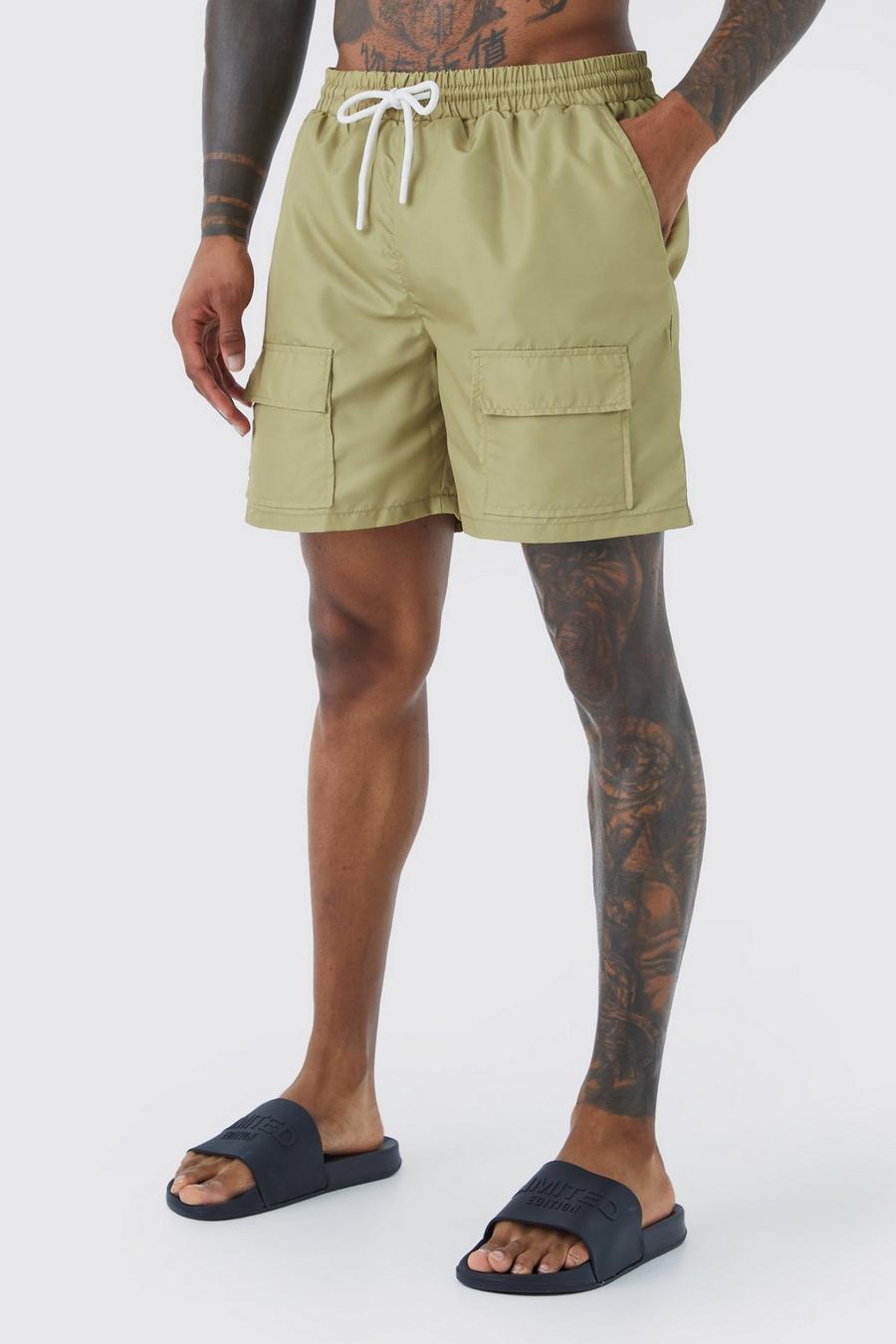 Khaki kaki Mid Length Cargo Swim Shorts