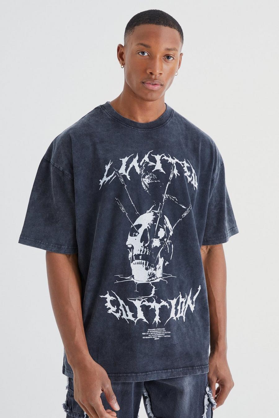 Black Oversized Washed Graphic Skull T Shirt image number 1