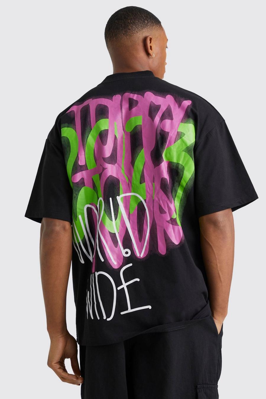 Camiseta oversize con caída en el bajo y estampado gráfico psicodélico, Black nero
