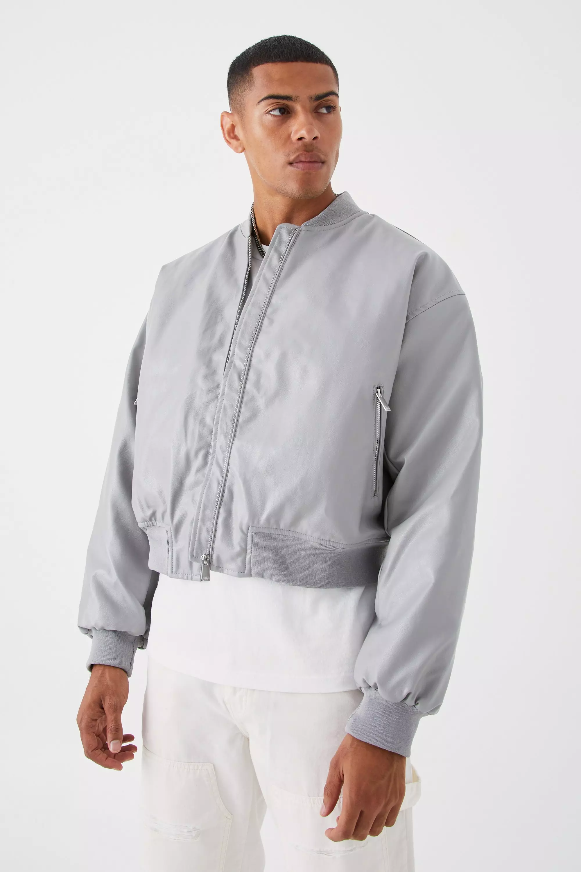 Grey Boxy Pu Bomber With Zips alternative image