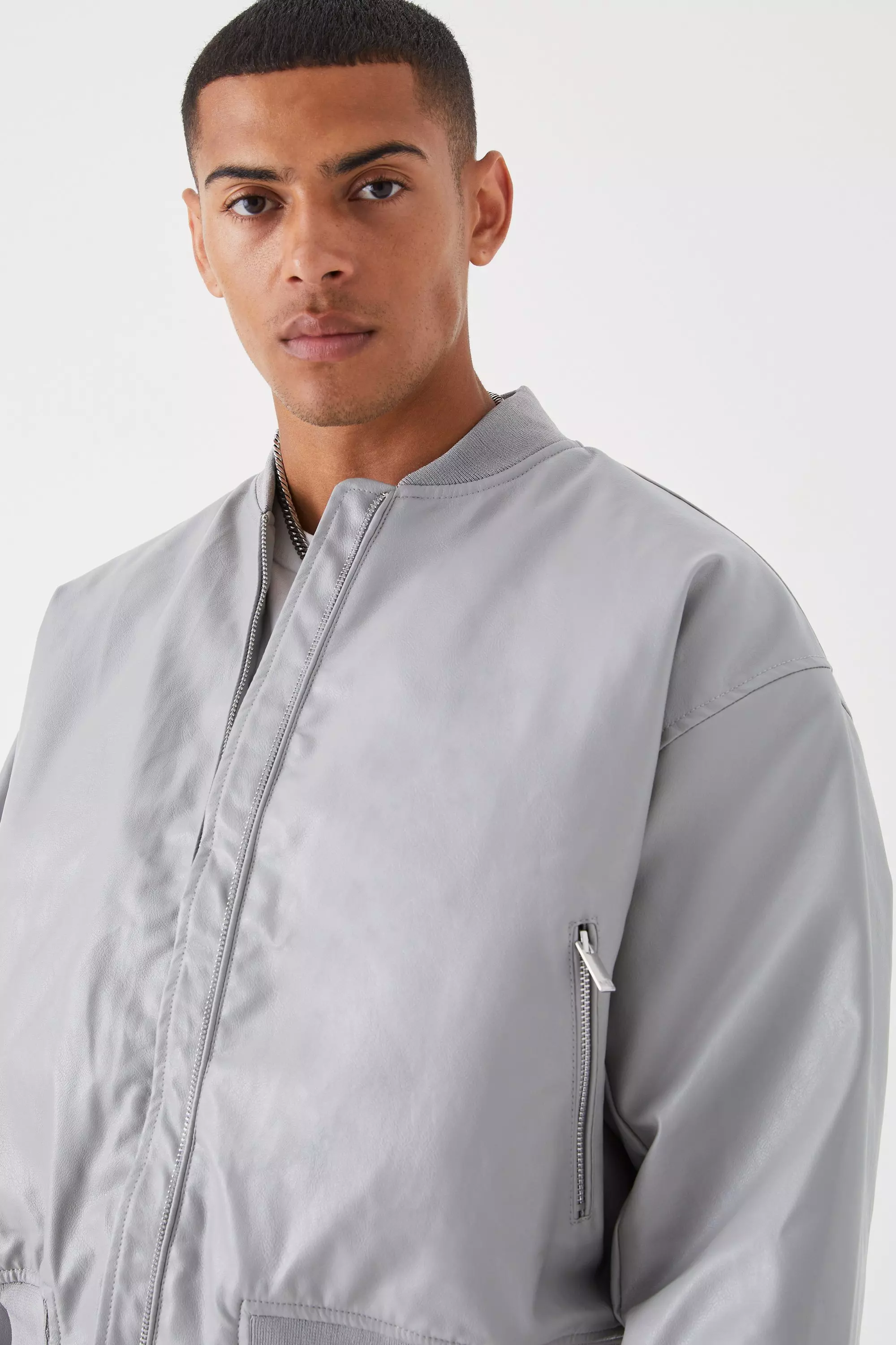 Grey Boxy Pu Bomber With Zips alternative image