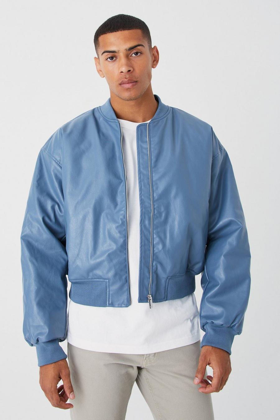 Giacca Bomber squadrata in PU con zip, Dusty blue image number 1