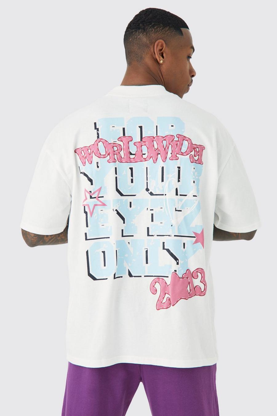 T-shirt oversize con grafica di slogan sul retro, Ecru bianco