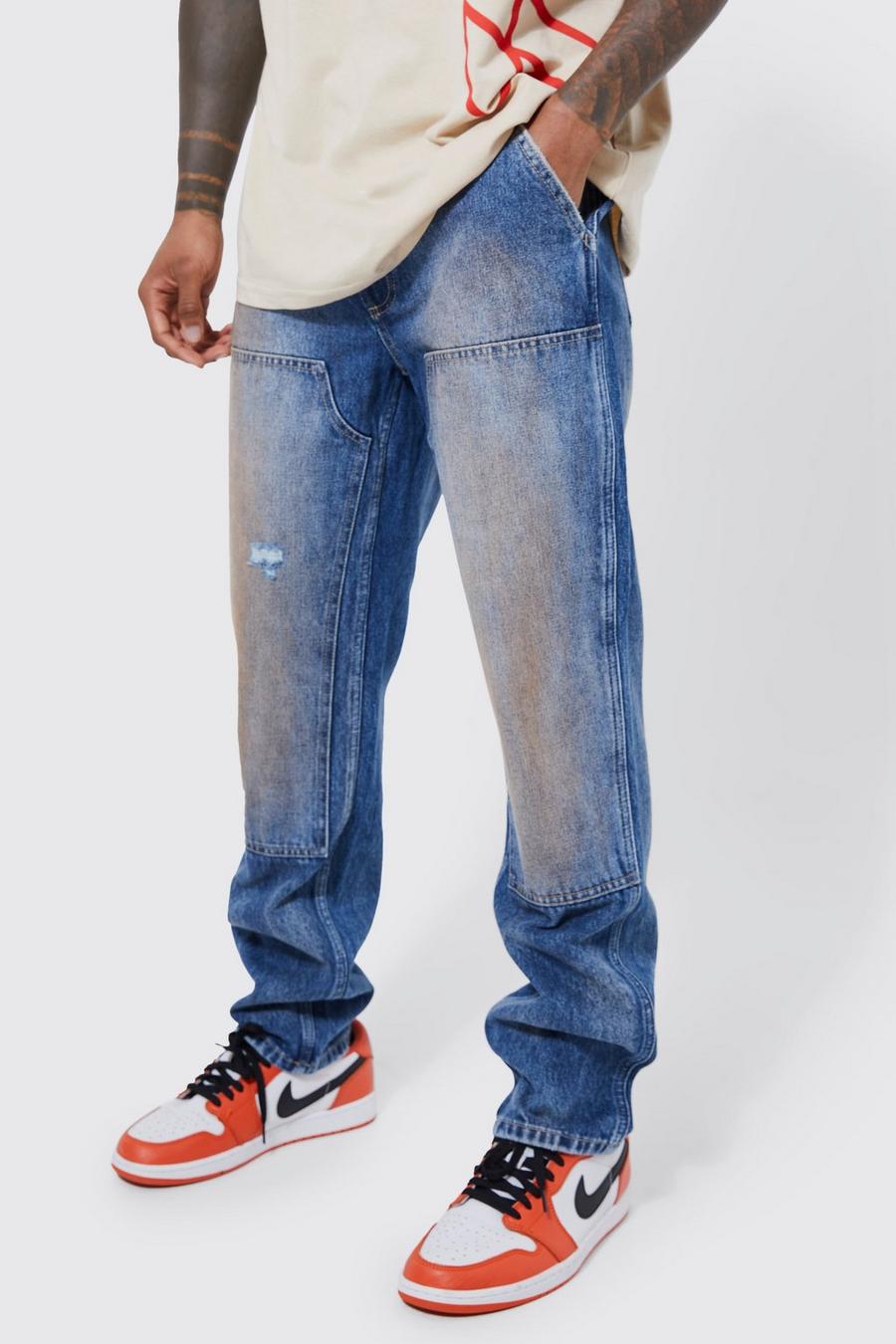 Mid blue Onbewerkte Vuil Gebleekte Carpenter Jeans Met Rechte Pijpen image number 1