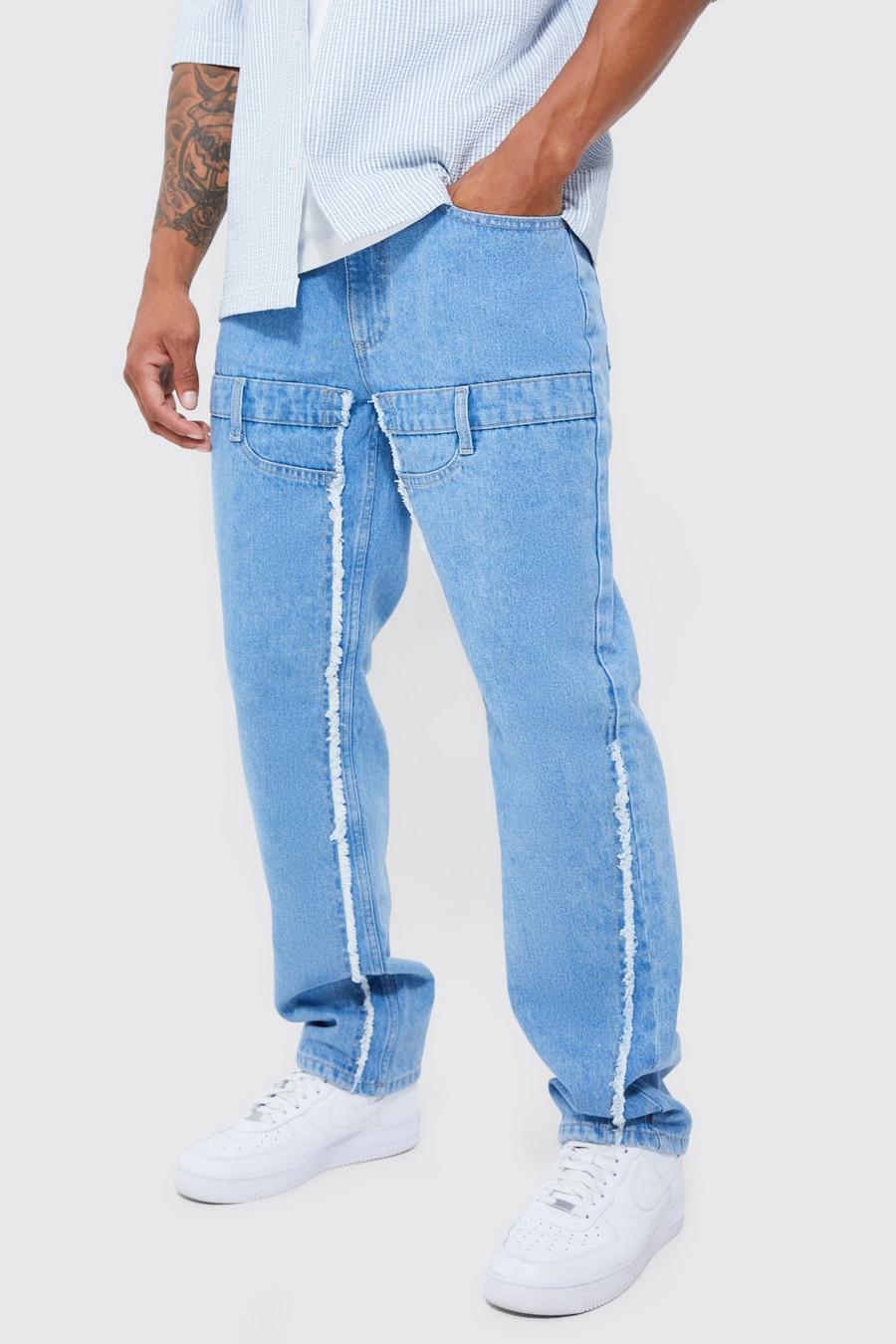 Jeans rilassati in denim rigido con doppia fascia in vita e sfilacciati, Light blue image number 1