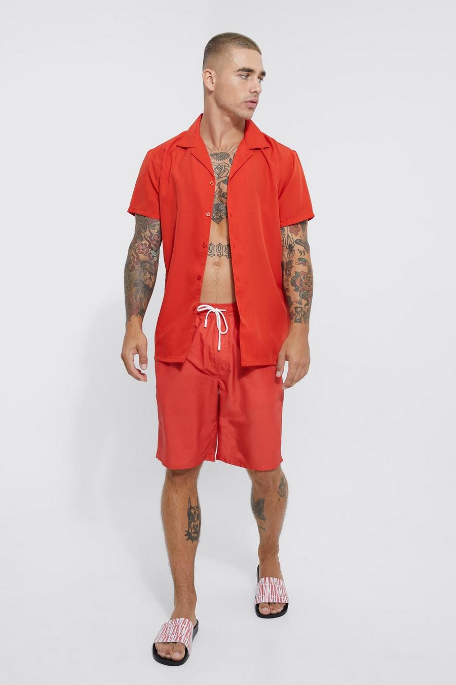 Red Short Sleeve Revere Plain Shirt &  Short Swim Set
