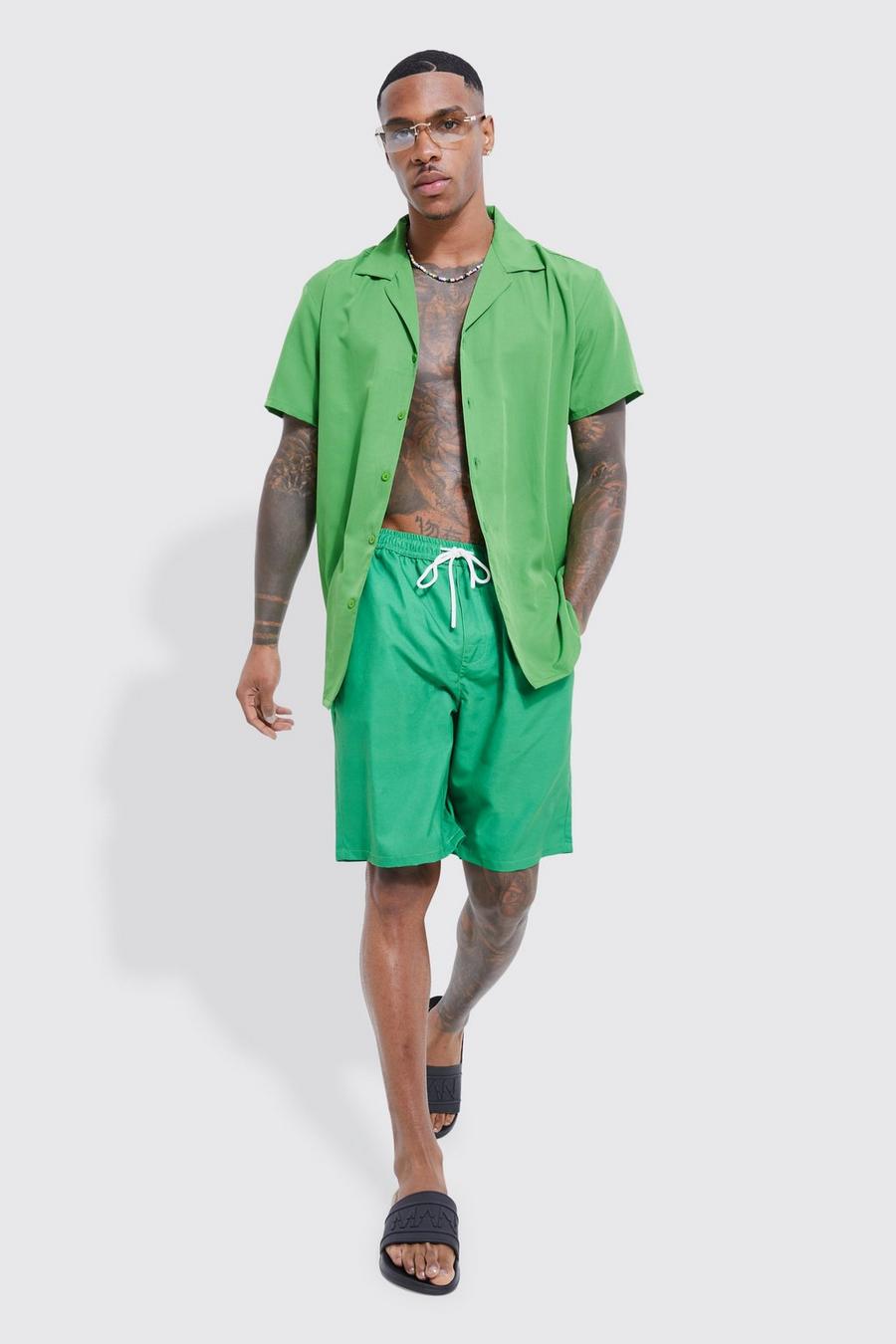 Green Short Sleeve Revere Plain Shirt &  Short Swim Set 