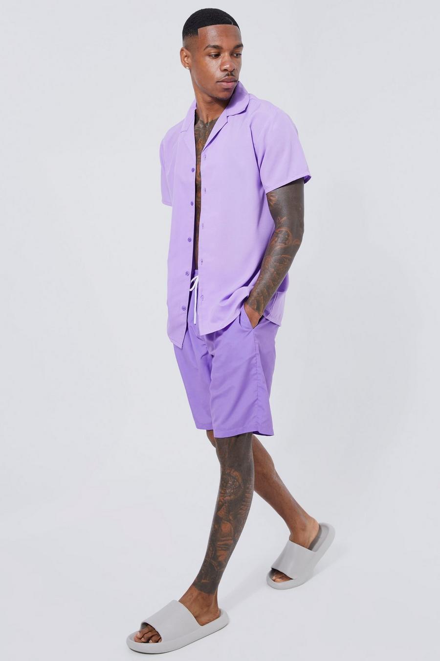 Lilac purple Short Sleeve Revere Plain Shirt &  Short Swim Set    