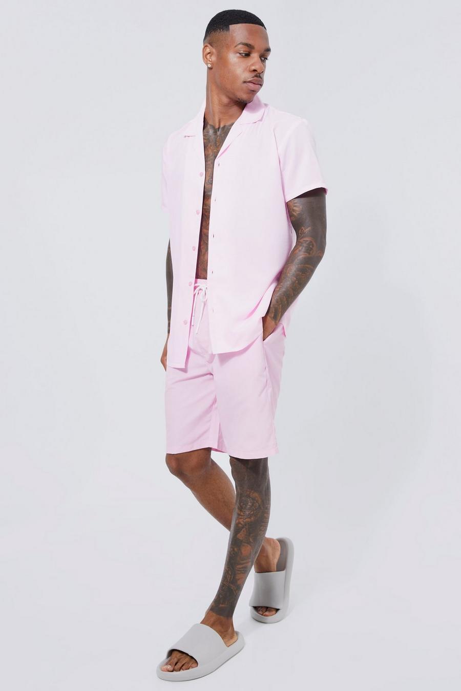 Pink Short Sleeve Revere Plain Shirt &  Short Swim Set     