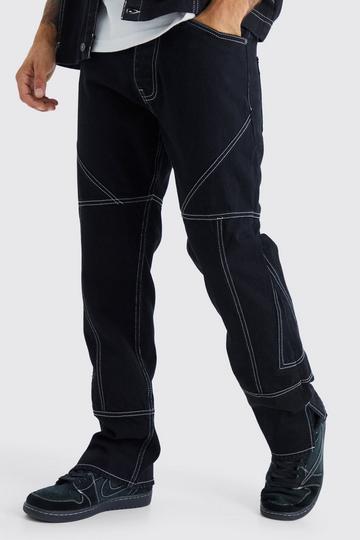 Black Straight Rigid Contrast Stitch Zip Hem Jeans