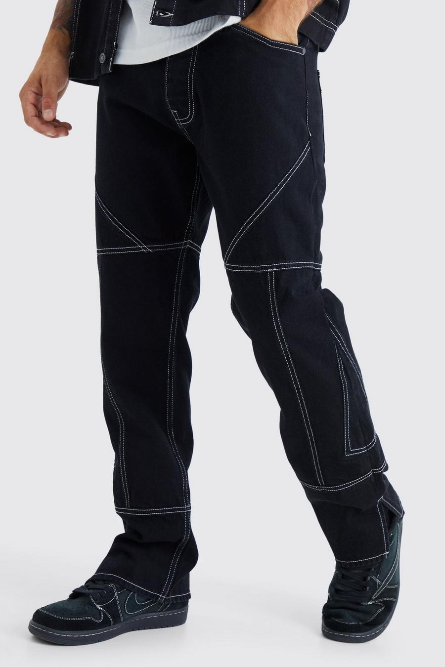 Jeans dritti in denim rigido con cuciture a contrasto e zip sul fondo, True black image number 1