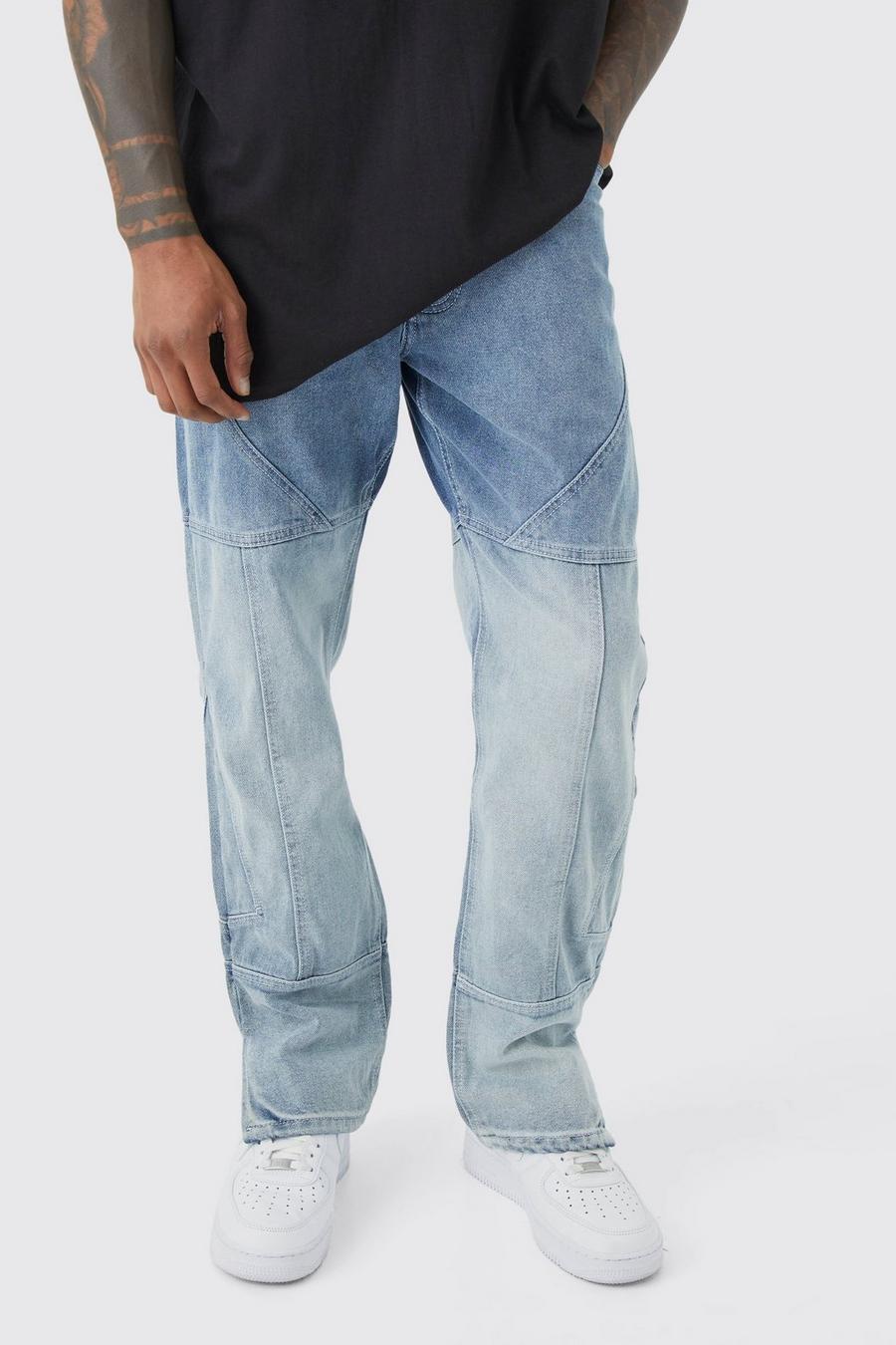 Antique wash bleu Straight Rigid Panelled Ombre Zip Hem Jeans