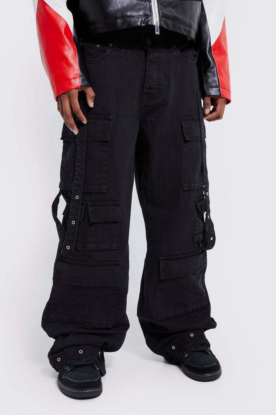 Black Baggy Rigid Multi Pocket Flare Jeans