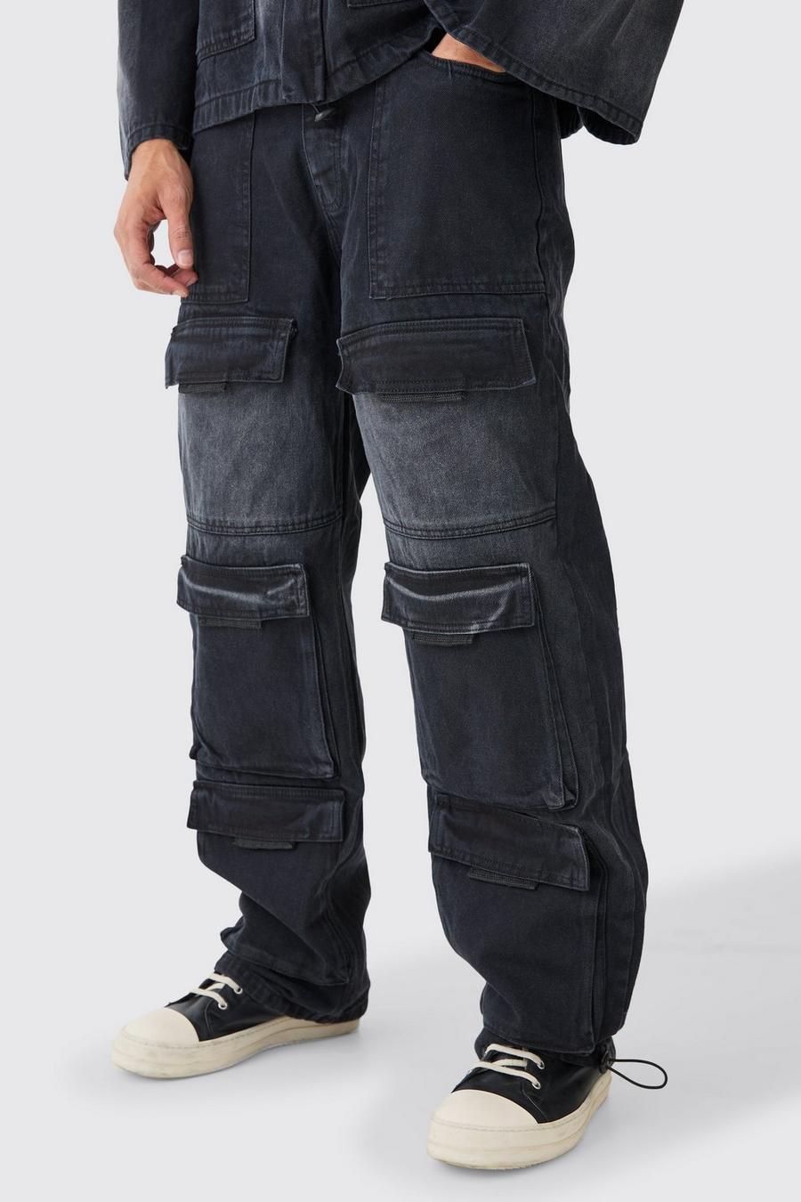 Black Baggy Rigid Multi Pocket Cargo Jeans image number 1