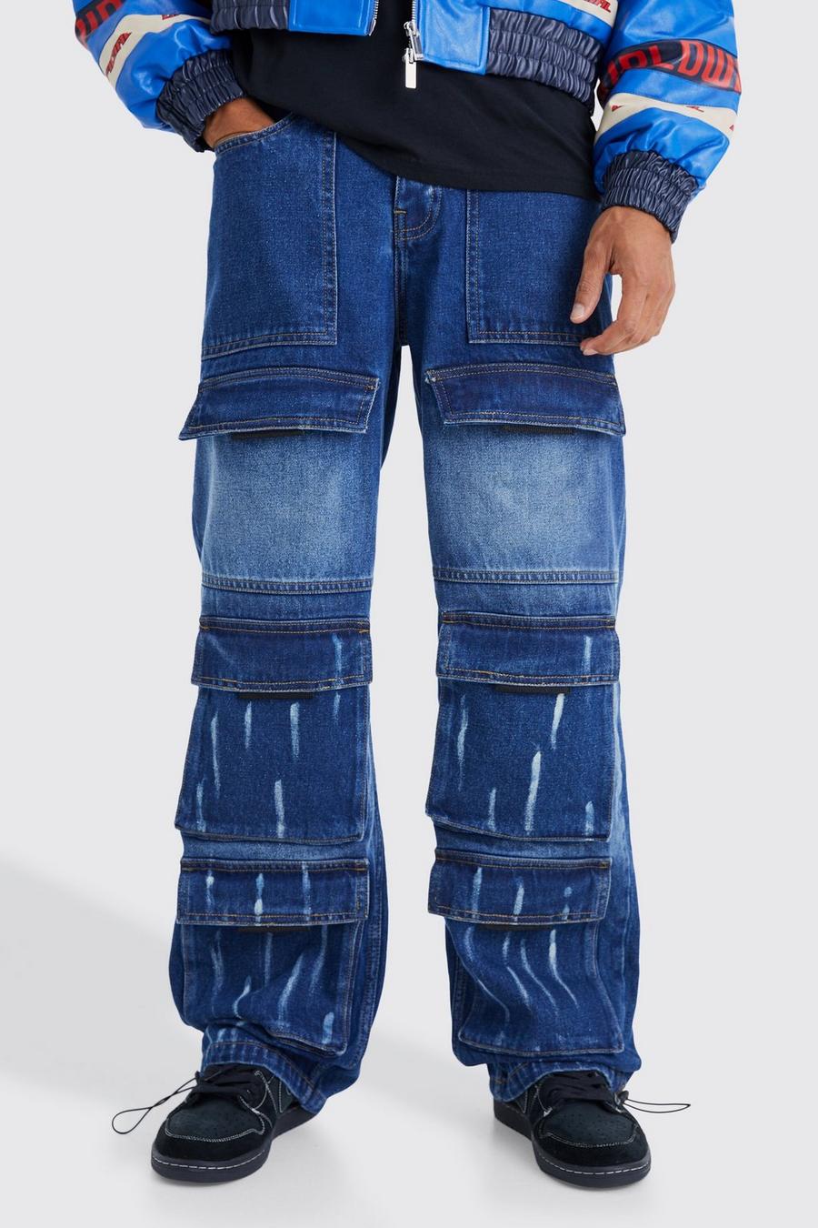 Mid blue Baggy Rigid Multi Pocket Cargo Jeans image number 1