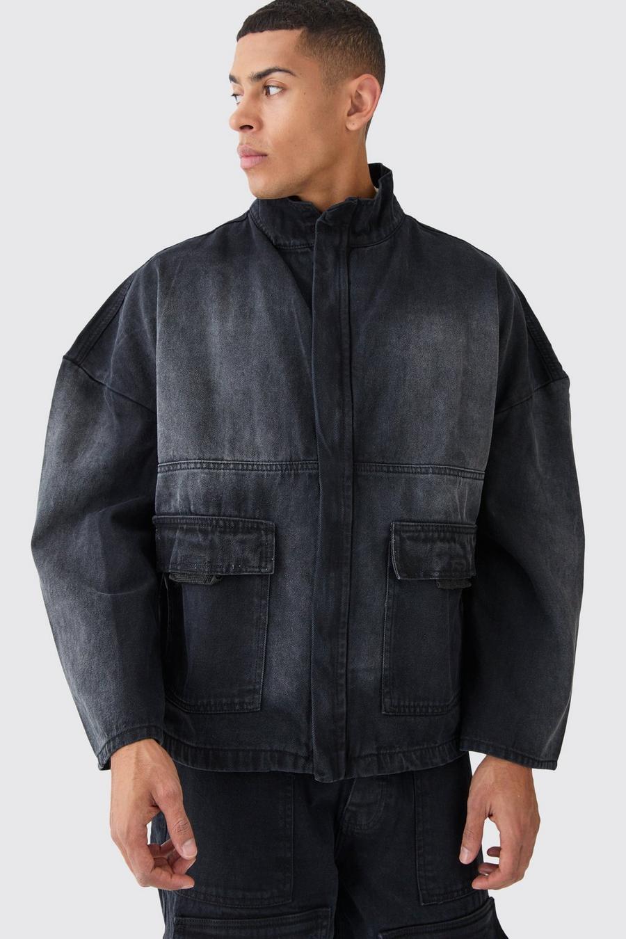 Black Oversized Boxy Distressed Denim Jacket image number 1