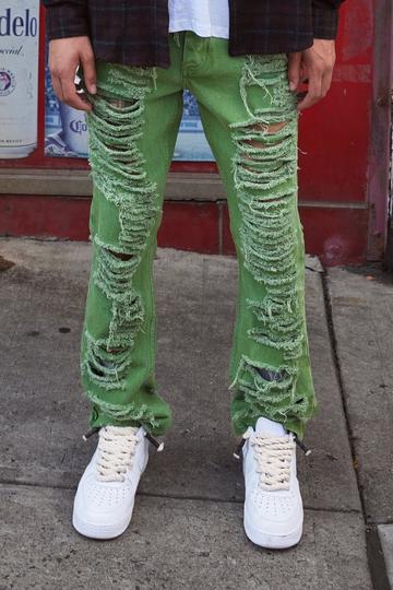 Sage Green Slim Rigid Flare All Over Ripped Jeans