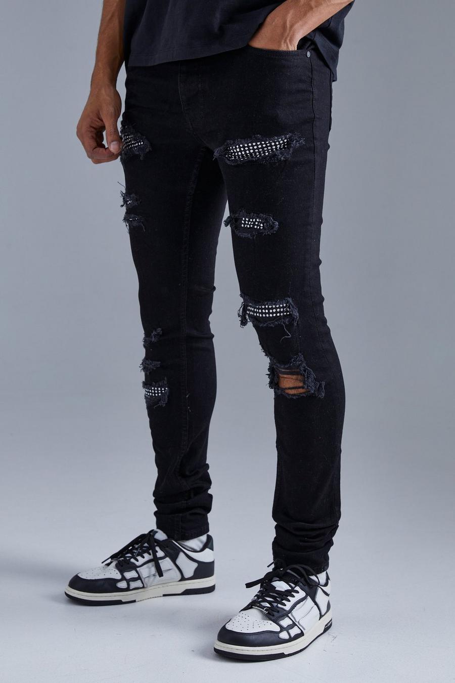 True black Skinny Stretch Stacked Rhinestone Ripped Jeans