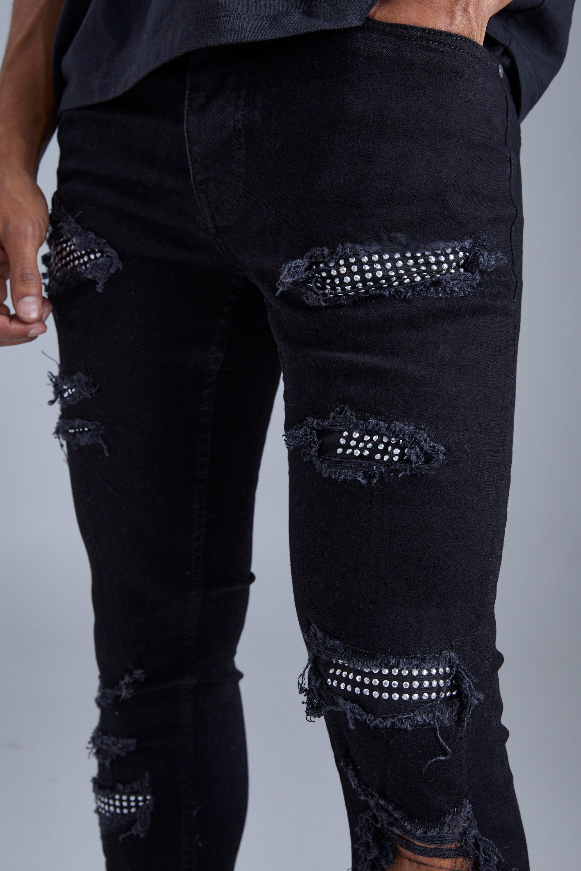 Streetwear da uomo verniciato nero invecchiato Stretch Skinny strass fori  distrutti Graffiti High Street Slim Fit Jeans di marca - AliExpress