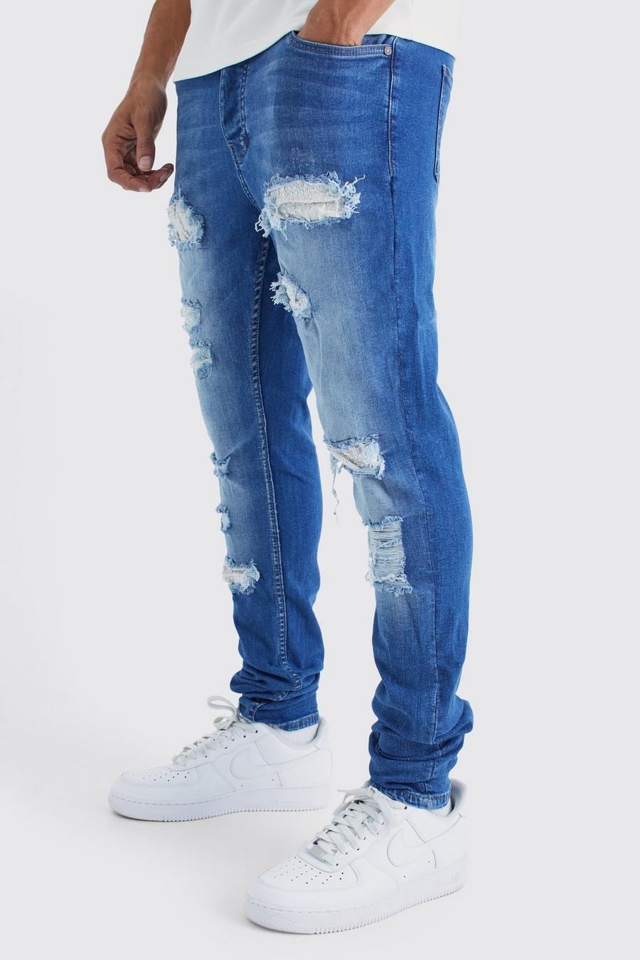 Jeans Skinny Fit in Stretch con strappi, pieghe sul fondo e strass, Antique blue image number 1