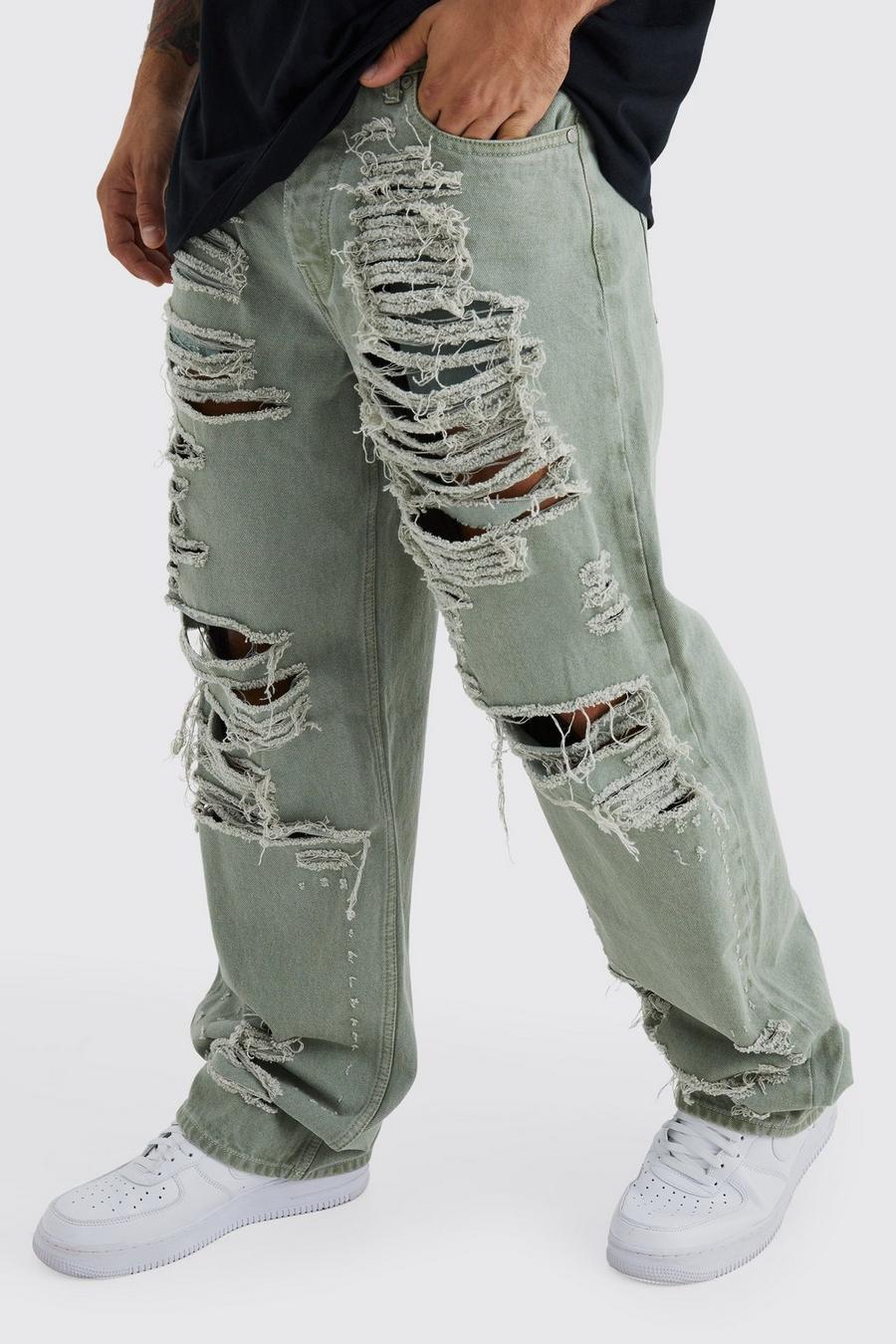 Green Baggy Rigid All Over Ripped Jeans image number 1