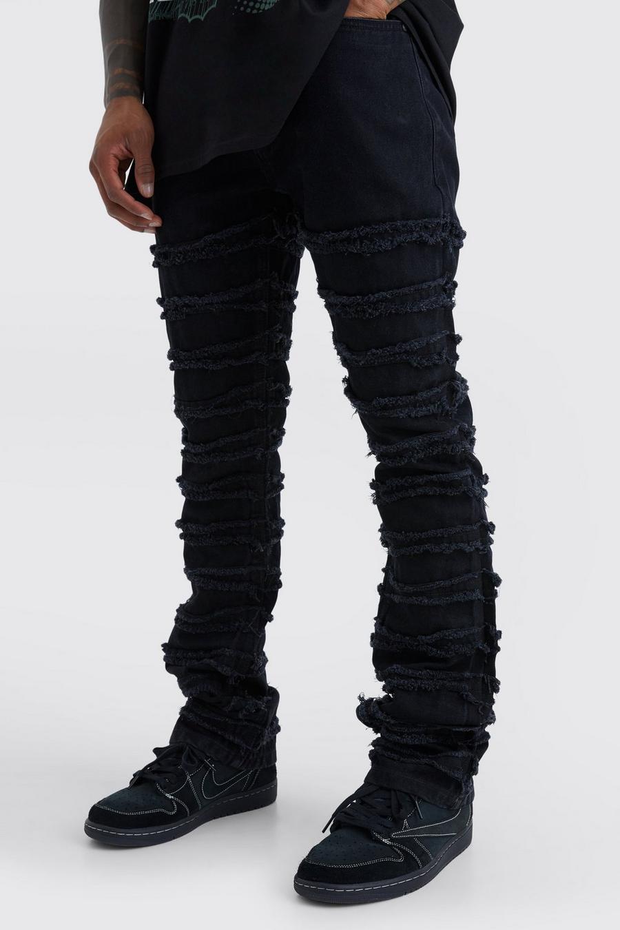 Jeans a zampa Slim Fit in denim rigido con pannelli sfilacciati, Washed black