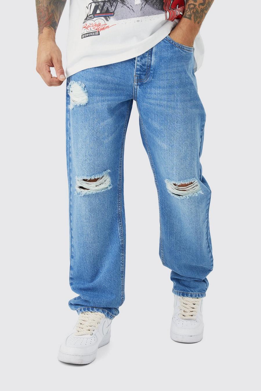 Jeans rilassati in denim rigido con strappi & rattoppi, Light blue image number 1