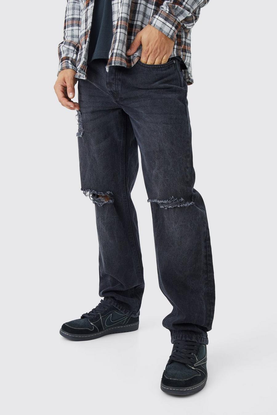 Jeans rilassati in denim rigido con strappi & rattoppi, Washed black image number 1