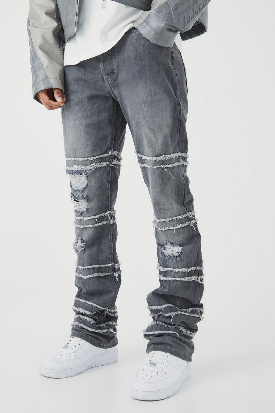 Mid grey Slim Rigid Flare Frayed Panelled Ripped Jeans