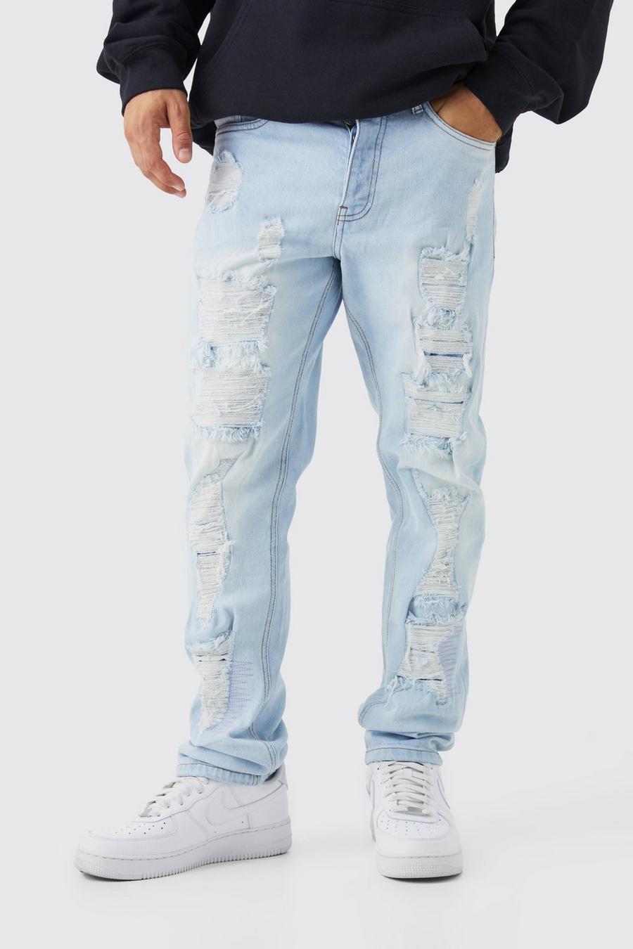 Jeans dritti in denim rigido con strappi & rattoppi all over, Ice blue