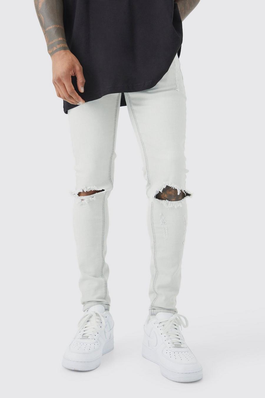 Jeans Super Skinny Fit in Stretch con strappi e pieghe sul fondo, Mid grey image number 1