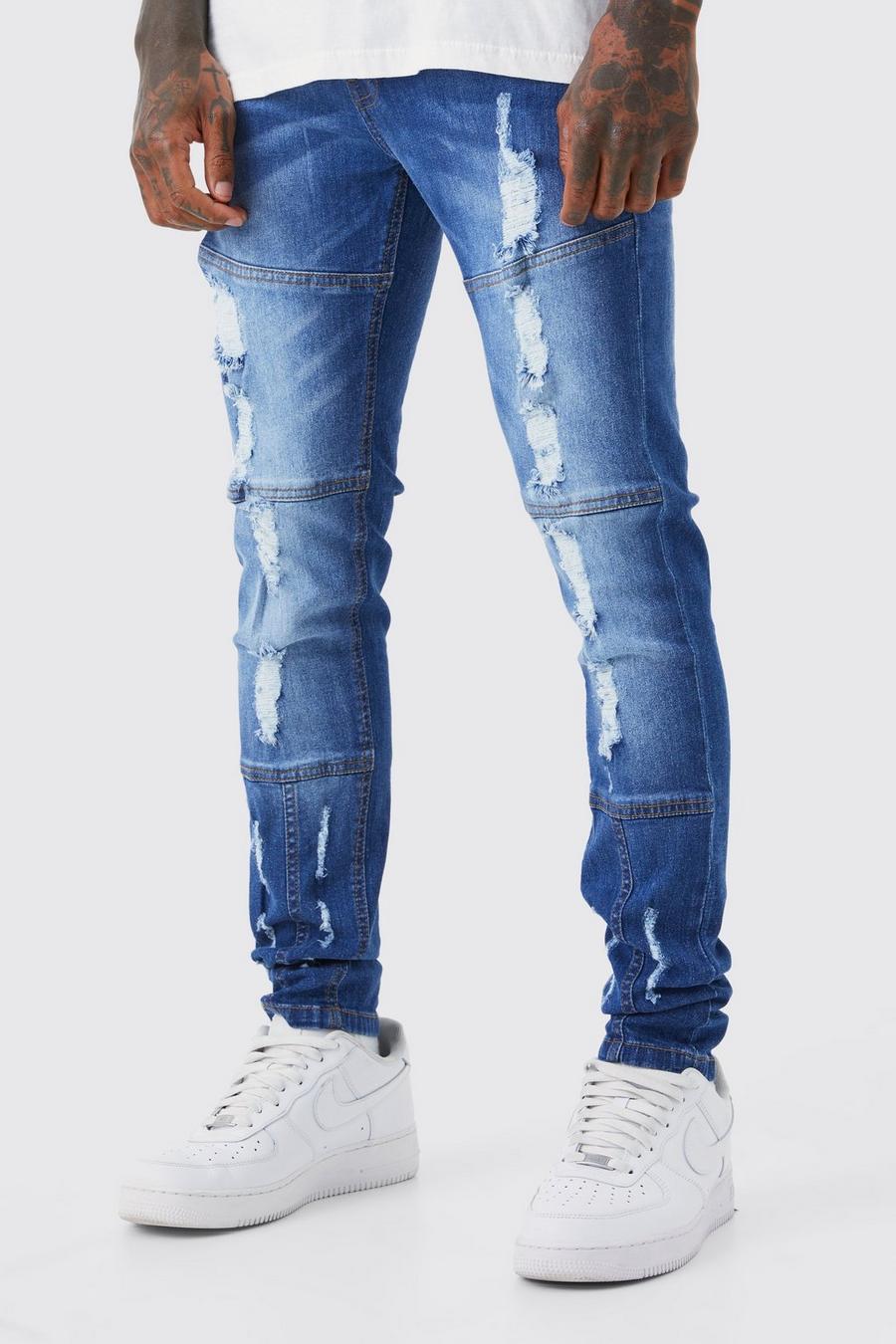 Mid blue Skinny Stretch All Over Rip & Repair Jeans