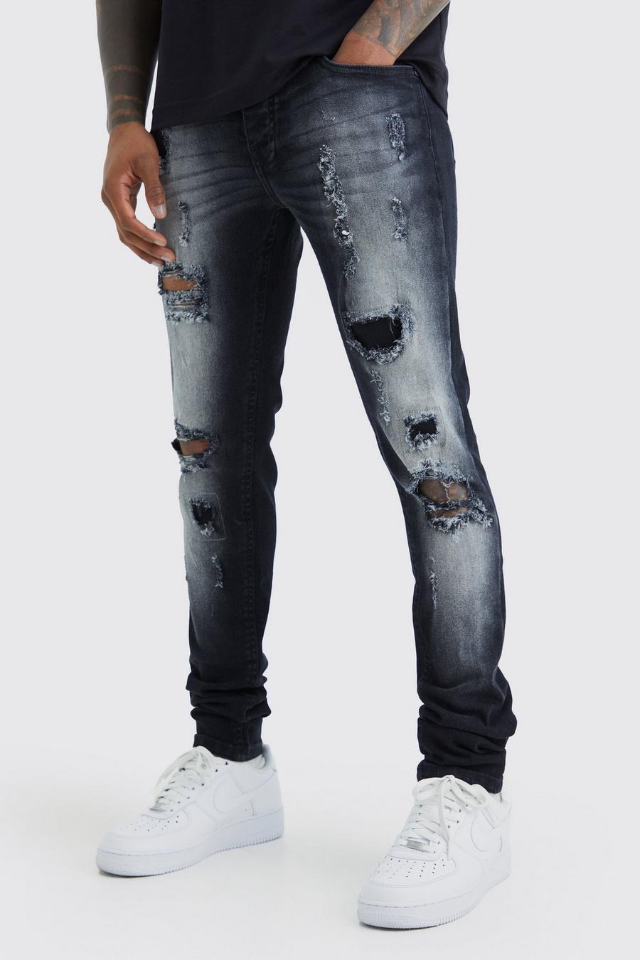 Washed black Skinny Stretch All Over Rip Stacked Jeans