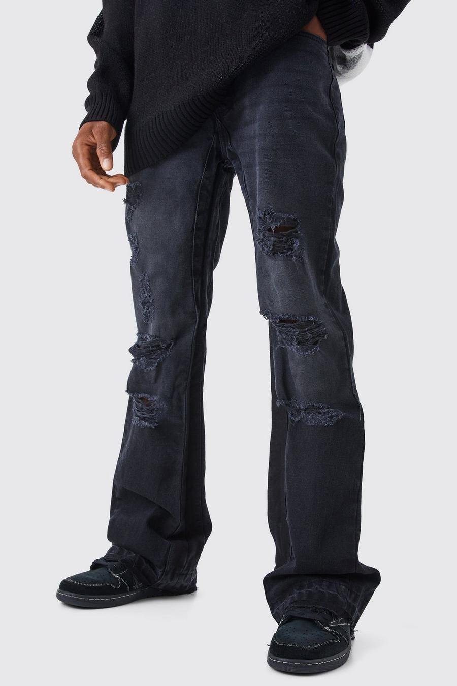 Jeans a zampa Slim Fit in denim rigido effetto smagliato, Washed black image number 1