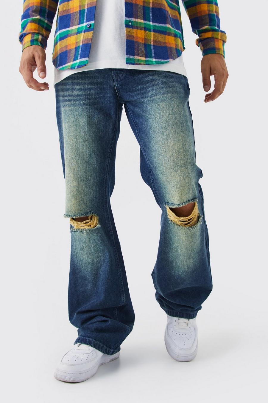 Mid blue Relaxed Rigid Flare Bleached Ripped Knee Jeans image number 1