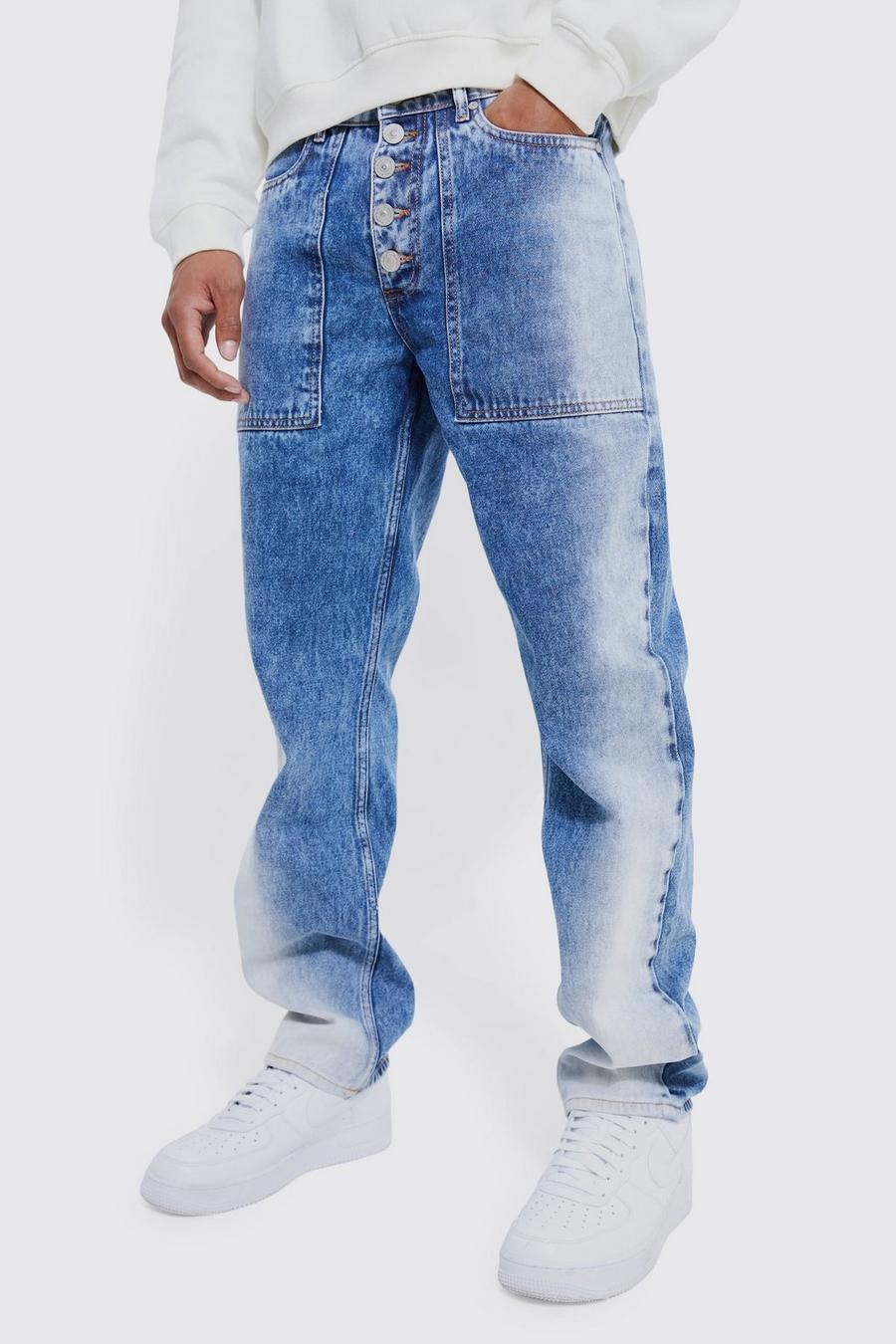Blue Relaxed Rigid Acid Wash Jeans image number 1