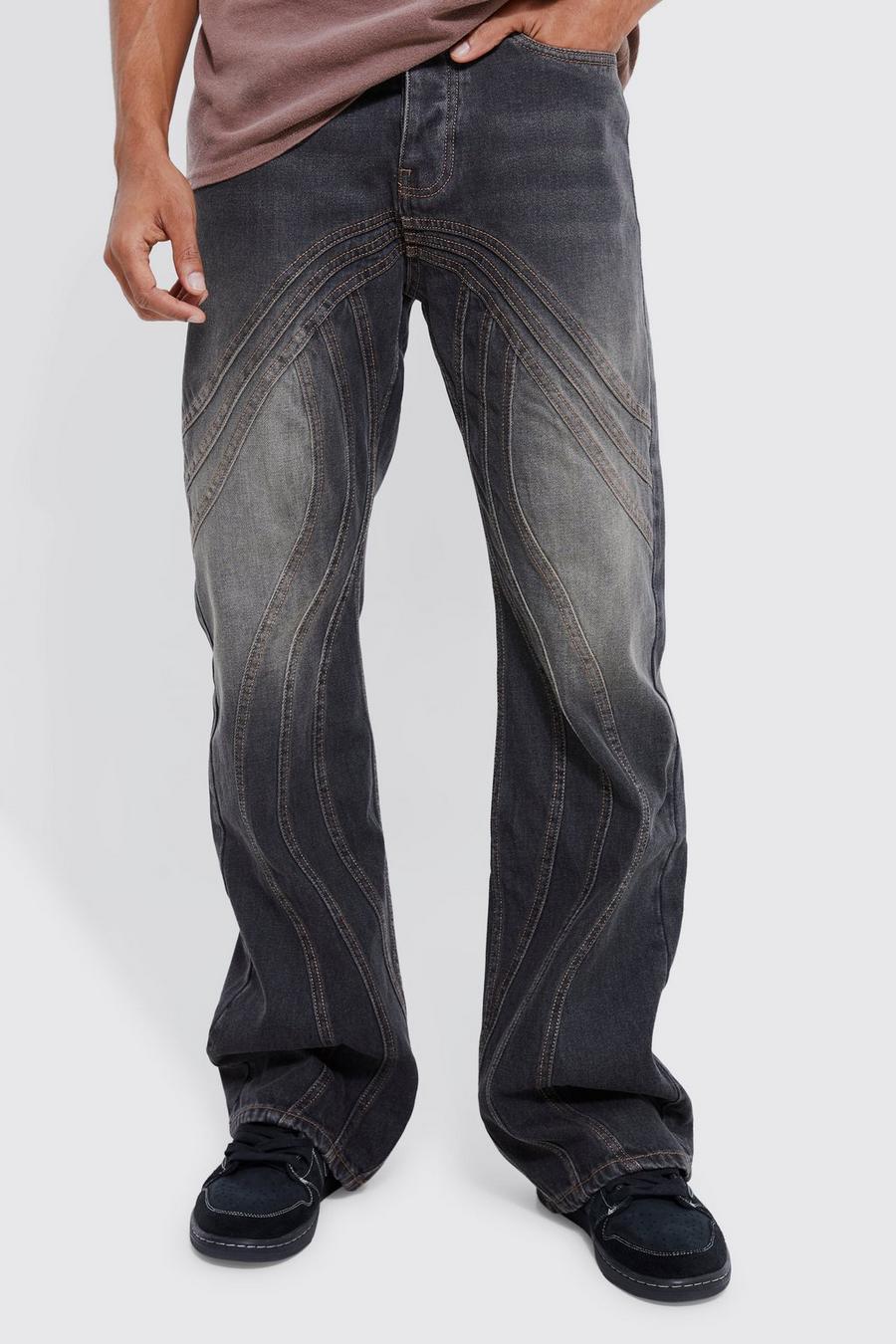 Jeans rilassati in denim rigido a zampa con pannelli colorati, Grey
