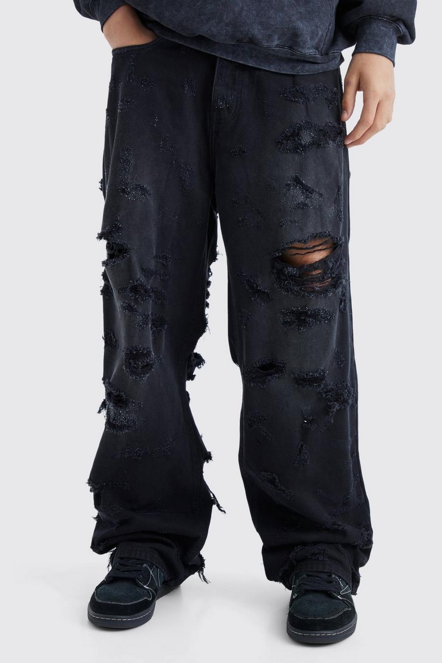 Washed black Baggy Rigid Extreme Ripped Petrol Washed Jeans