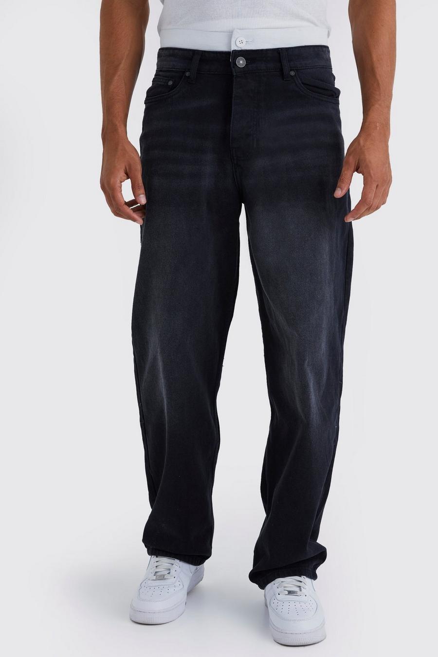Washed black Baggy jeans med dubbla midjeband image number 1