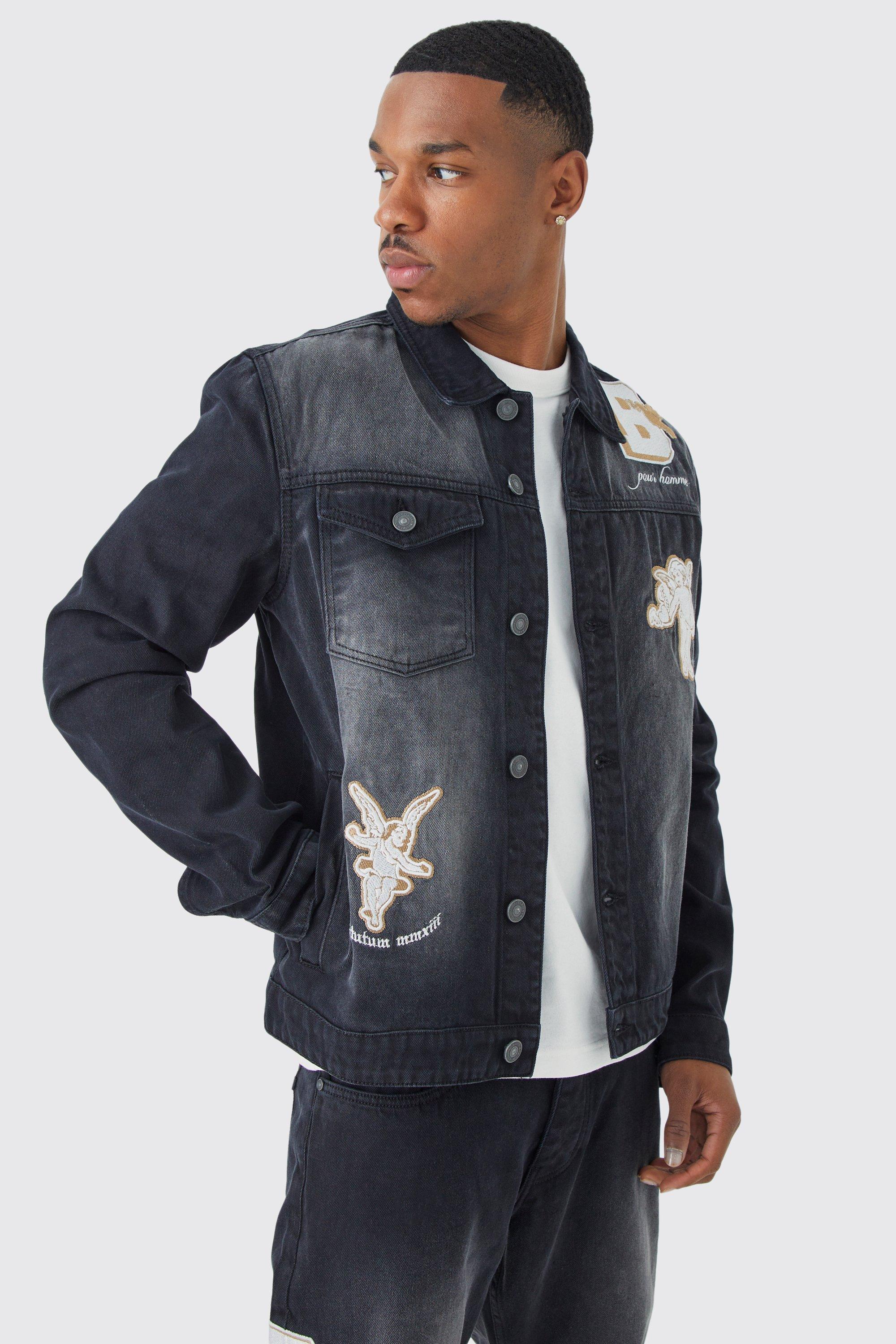 boohooMAN Applique and Embroidered Denim Jacket - Black - Size XL
